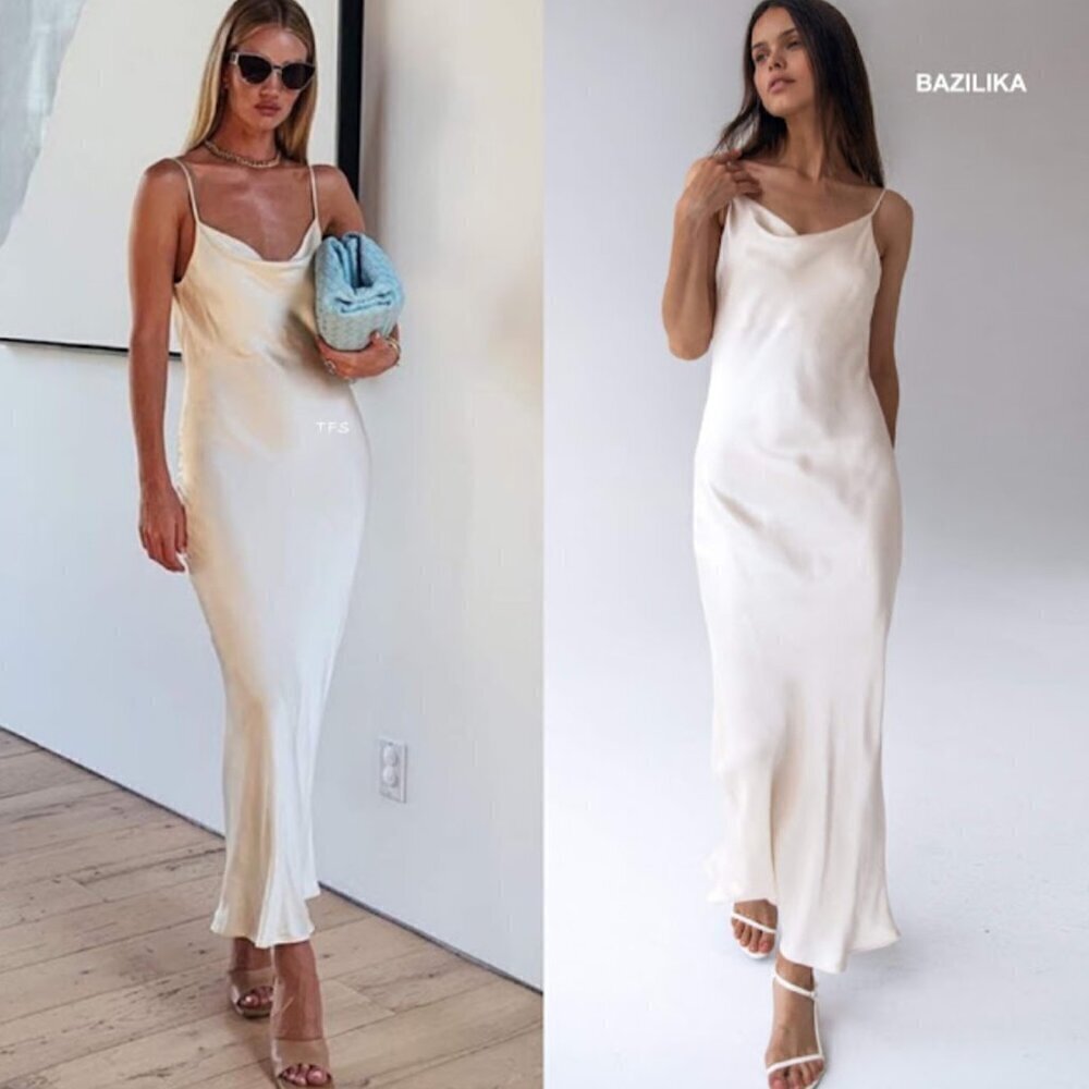 Bazilika Cowl Neck Satin Midi Slip Dress Fluid Drape in Cream Women's XS
